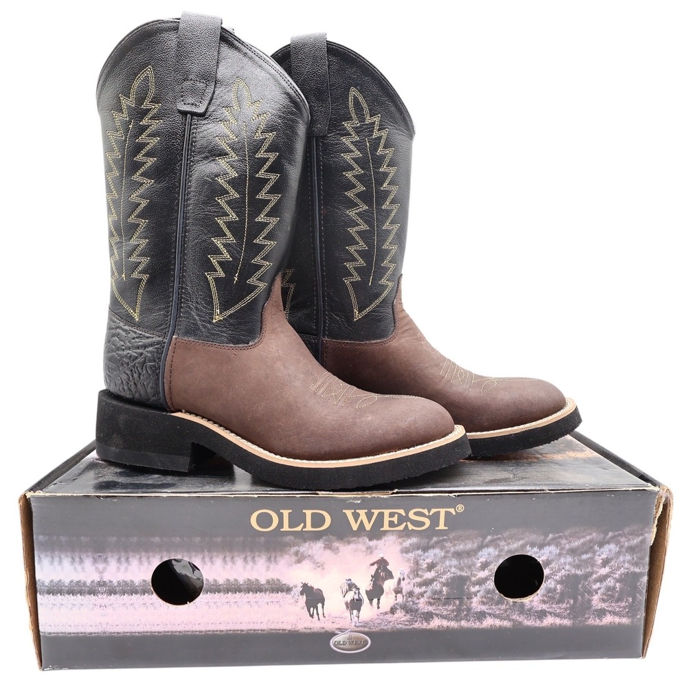 Old West Cowboy Boots Kids 3.5 Brown Black Leather New In Box 1606Y